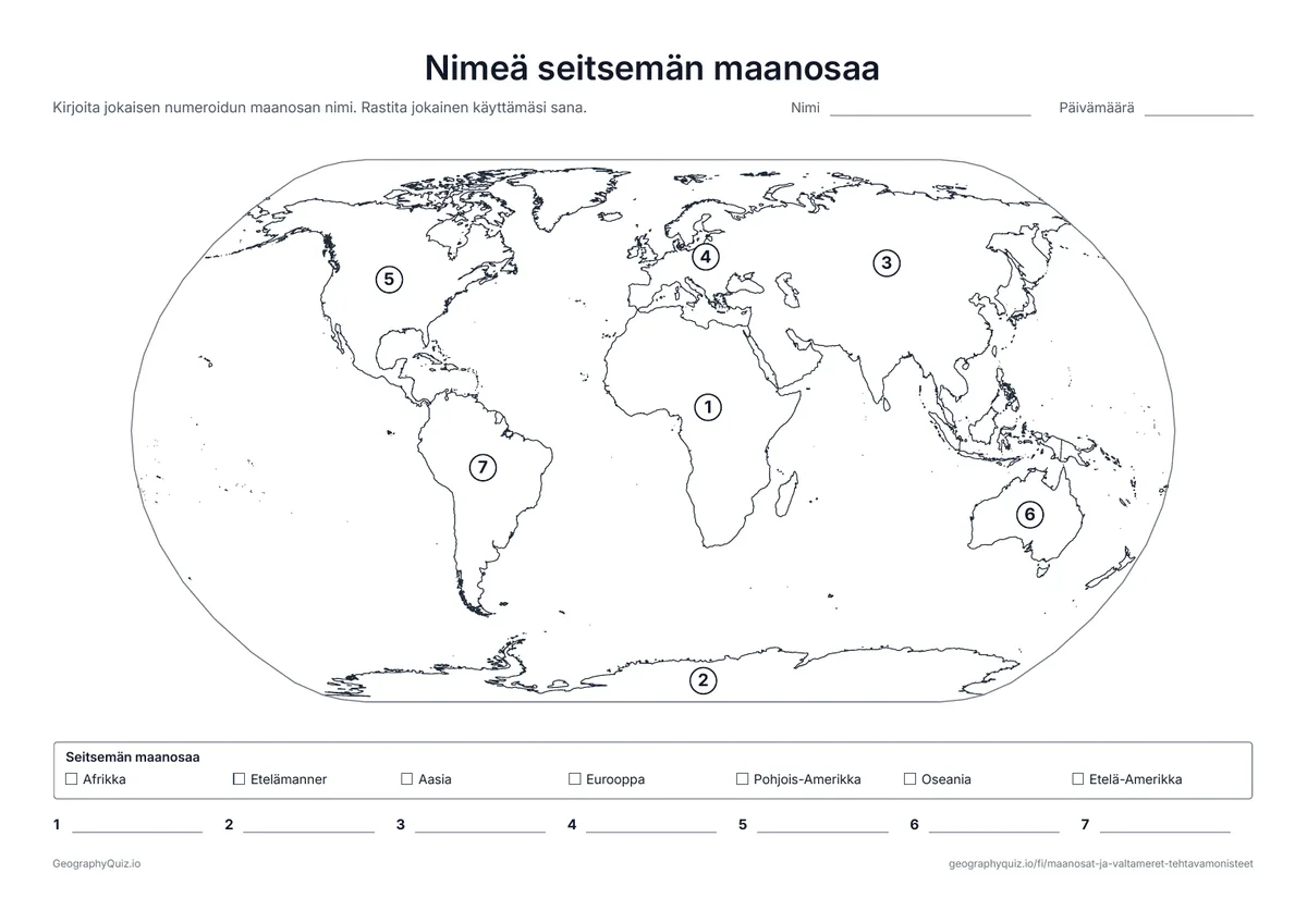 Esikatselu: tulostettava tehtävämoniste ”Nimeä seitsemän maanosaa”: Seitsemän maanosaa numeroituna maailmankartalla, sanasto ja kirjoitusviiva jokaiselle