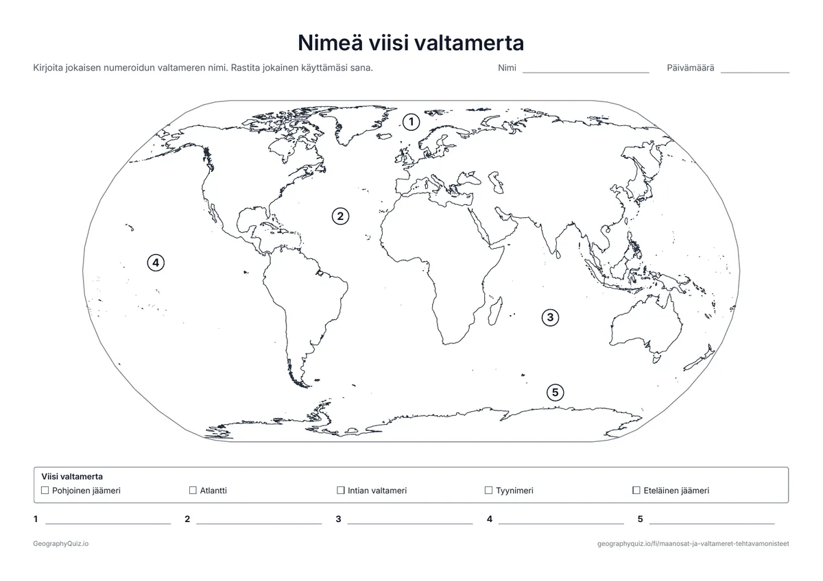 Esikatselu: tulostettava tehtävämoniste ”Nimeä viisi valtamerta”: Viisi valtamerta numeroituna maailmankartalla, sanasto ja kirjoitusviiva jokaiselle