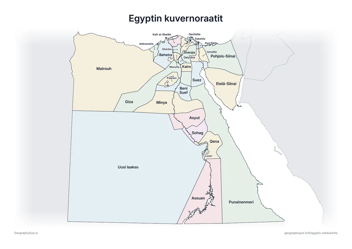 Esikatselu: tulostettava tehtävämoniste ”Egyptin kuvernoraatit”: Egyptin kartta, johon on kirjoitettu kaikki nimet – katsauskartaksi tunnille ja kertaukseen