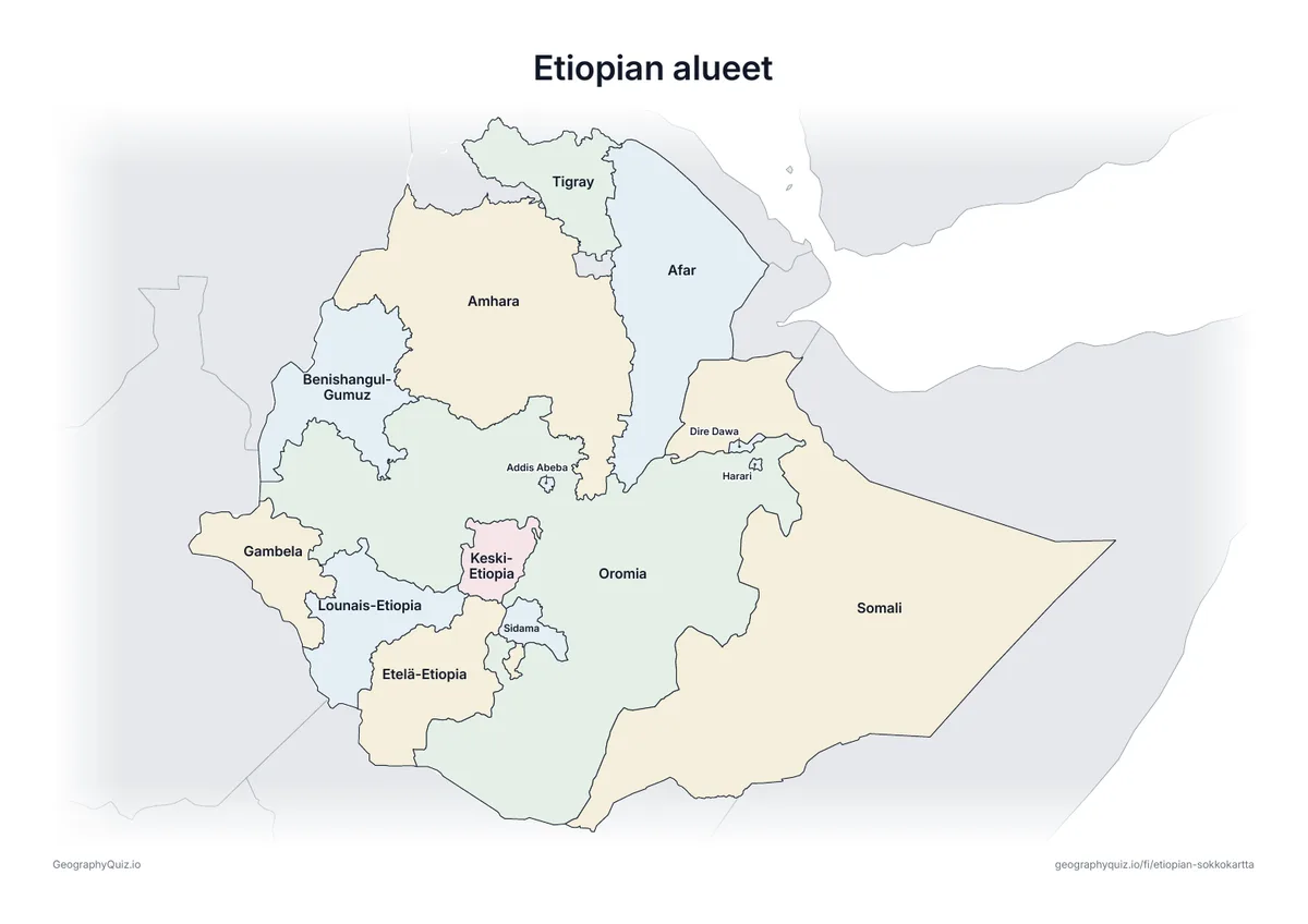 Esikatselu: tulostettava tehtävämoniste ”Etiopian alueet”: Etiopian kartta, johon on kirjoitettu kaikki nimet – katsauskartaksi tunnille ja kertaukseen