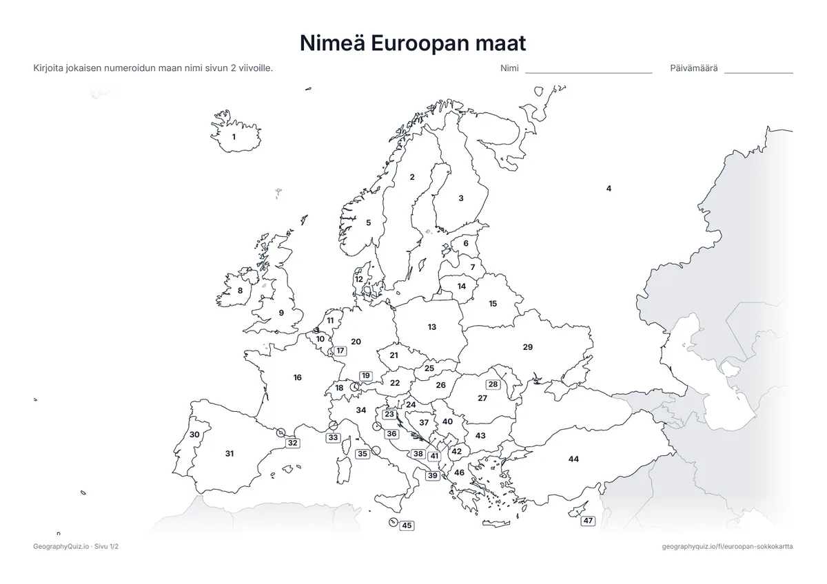 Esikatselu: tulostettava tehtävämoniste ”Nimeä Euroopan maat”: Jokaisella Euroopan maalla on numero