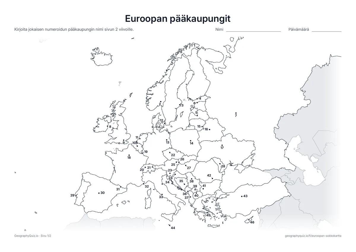 Esikatselu: tulostettava tehtävämoniste ”Euroopan pääkaupungit”: Jokainen pääkaupunki on merkitty numeroidulla pisteellä