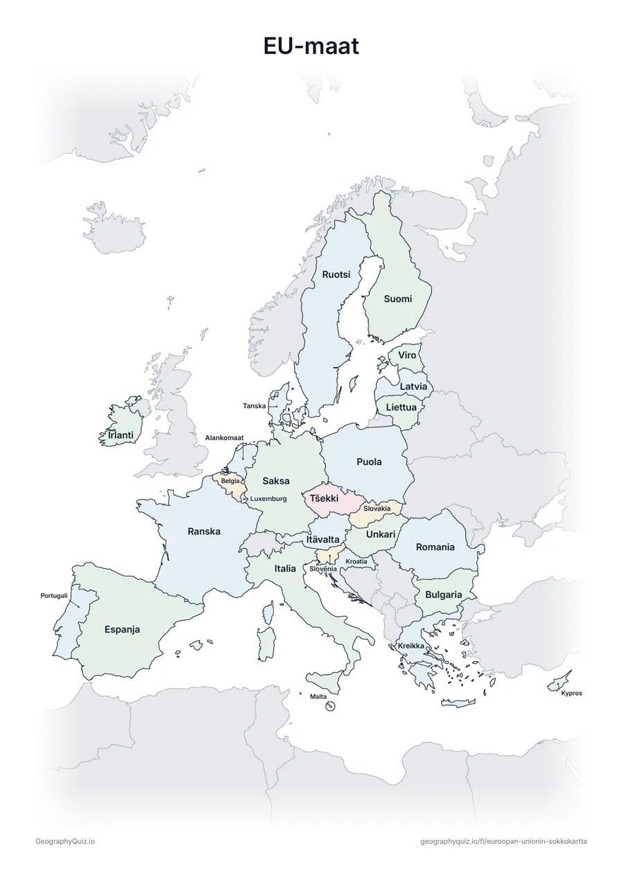 Esikatselu: tulostettava tehtävämoniste ”EU-maat”: Sama kartta, jossa on kaikkien 27 maan nimet – opetukseen ja kertaukseen