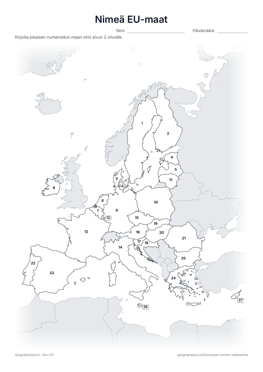 Esikatselu: tulostettava tehtävämoniste ”Nimeä EU-maat”: Kaikki 27 maata on numeroitu