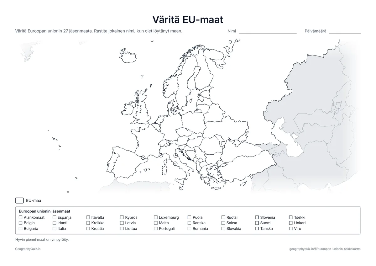 Esikatselu: tulostettava tehtävämoniste ”Väritä EU-maat”: Euroopan sokkokartta ja luettelo 27 EU-maasta rastitettaviksi