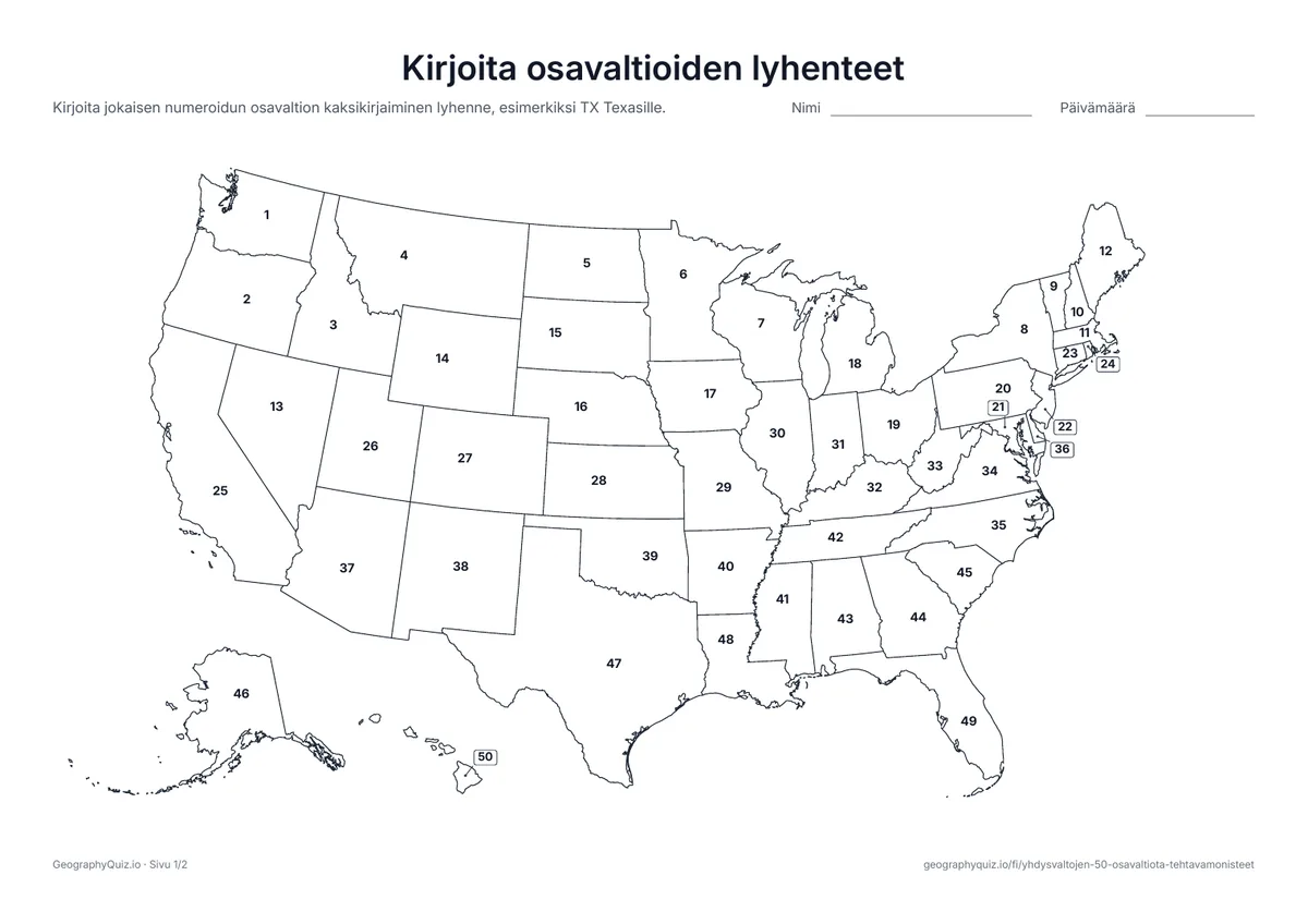 Esikatselu: tulostettava tehtävämoniste ”Kirjoita osavaltioiden lyhenteet”: Osavaltiot on numeroitu