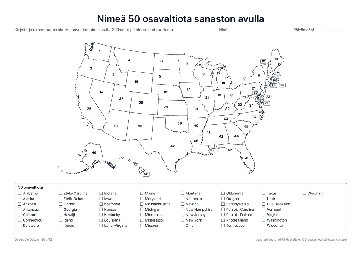 Esikatselu: tulostettava tehtävämoniste ”Nimeä 50 osavaltiota sanaston avulla”: Jokainen osavaltio on numeroitu