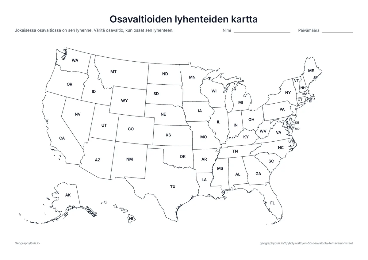 Esikatselu: tulostettava tehtävämoniste ”Osavaltioiden lyhenteiden kartta”: Jokainen osavaltio kaksikirjaimisen lyhenteensä kanssa AL:stä WY:hyn