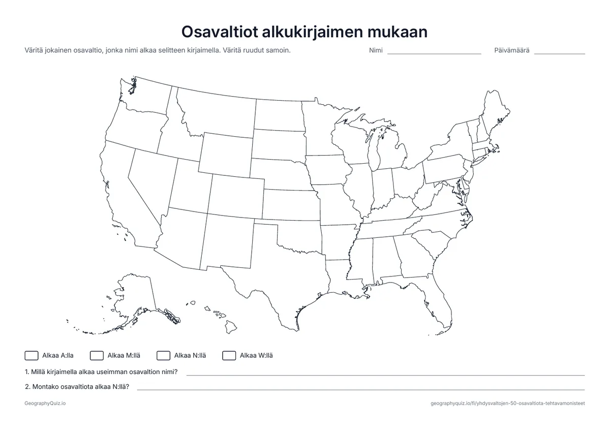 Esikatselu: tulostettava tehtävämoniste ”Osavaltiot alkukirjaimen mukaan”: Kaikki osavaltiot, joiden nimi alkaa A:lla, M:llä, N:llä tai W:llä, väritetään selitteen mukaan ja lasketaan