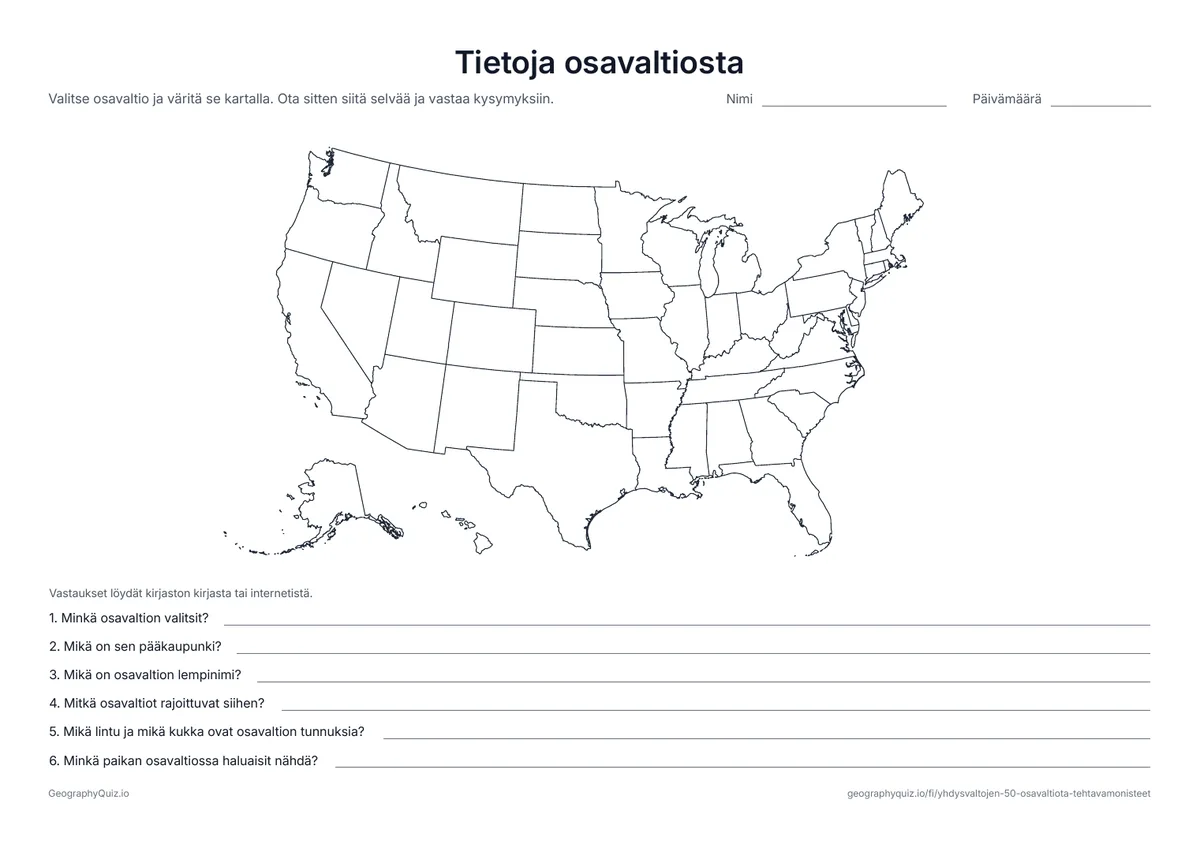 Esikatselu: tulostettava tehtävämoniste ”Tietoja osavaltiosta”: Valitse osavaltio, väritä se kartalla ja kirjoita sen pääkaupunki, lempinimi, naapurit, tunnuslintu ja tunnuskukka