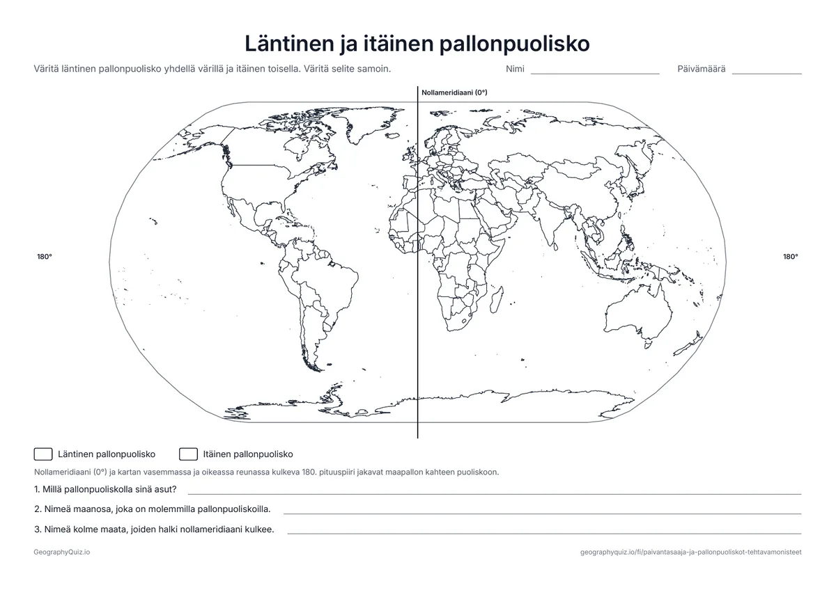 Esikatselu: tulostettava tehtävämoniste ”Läntinen ja itäinen pallonpuolisko”: Maailmankartta, johon on piirretty nollameridiaani