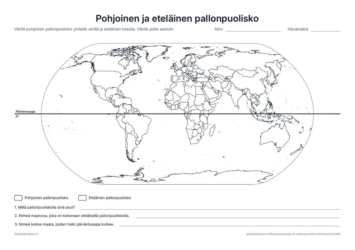 Esikatselu: tulostettava tehtävämoniste ”Pohjoinen ja eteläinen pallonpuolisko”: Maailmankartta, johon on piirretty päiväntasaaja