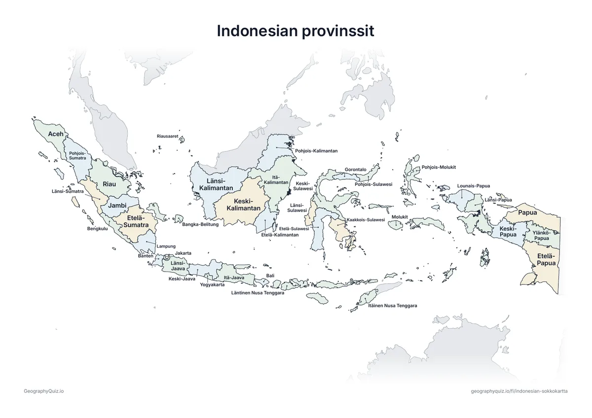 Esikatselu: tulostettava tehtävämoniste ”Indonesian provinssit”: Indonesian kartta, johon on kirjoitettu kaikki nimet – katsauskartaksi tunnille ja kertaukseen