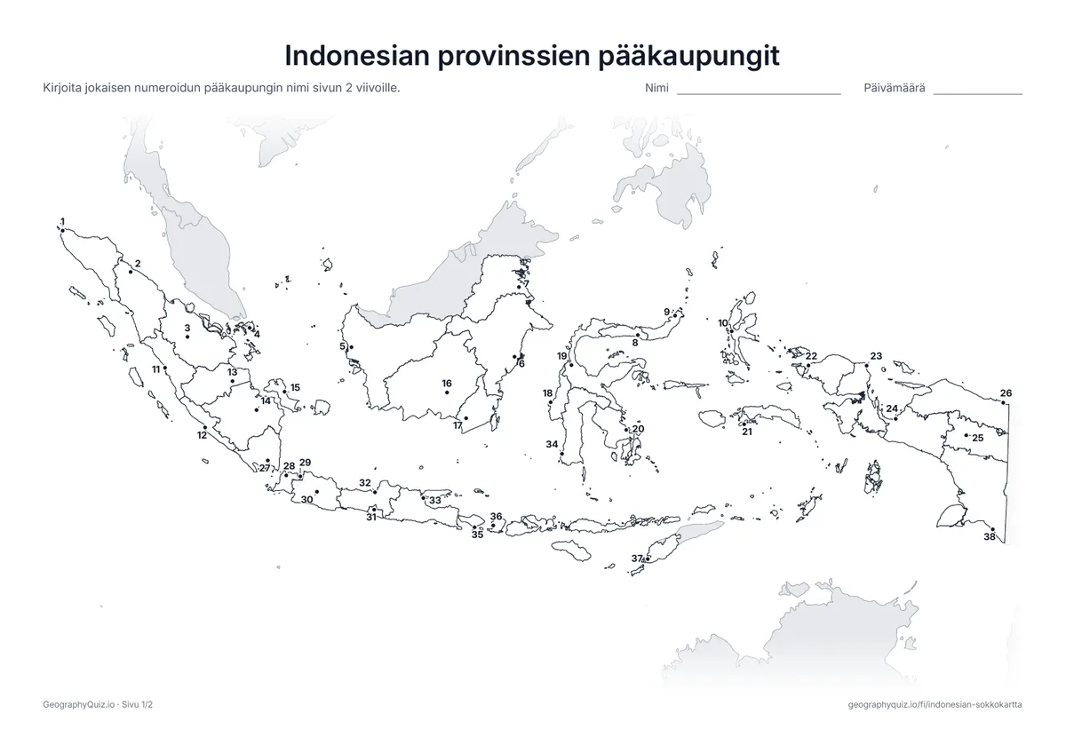 Esikatselu: tulostettava tehtävämoniste ”Indonesian provinssien pääkaupungit”: Jokainen pääkaupunki on merkitty numeroidulla pisteellä