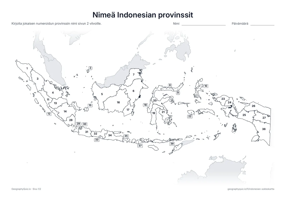 Esikatselu: tulostettava tehtävämoniste ”Nimeä Indonesian provinssit”: Kaikki 38 provinssia on numeroitu