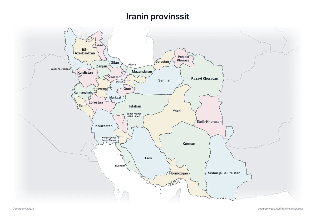 Esikatselu: tulostettava tehtävämoniste ”Iranin provinssit”: Iranin kartta, johon on kirjoitettu kaikki nimet – katsauskartaksi tunnille ja kertaukseen