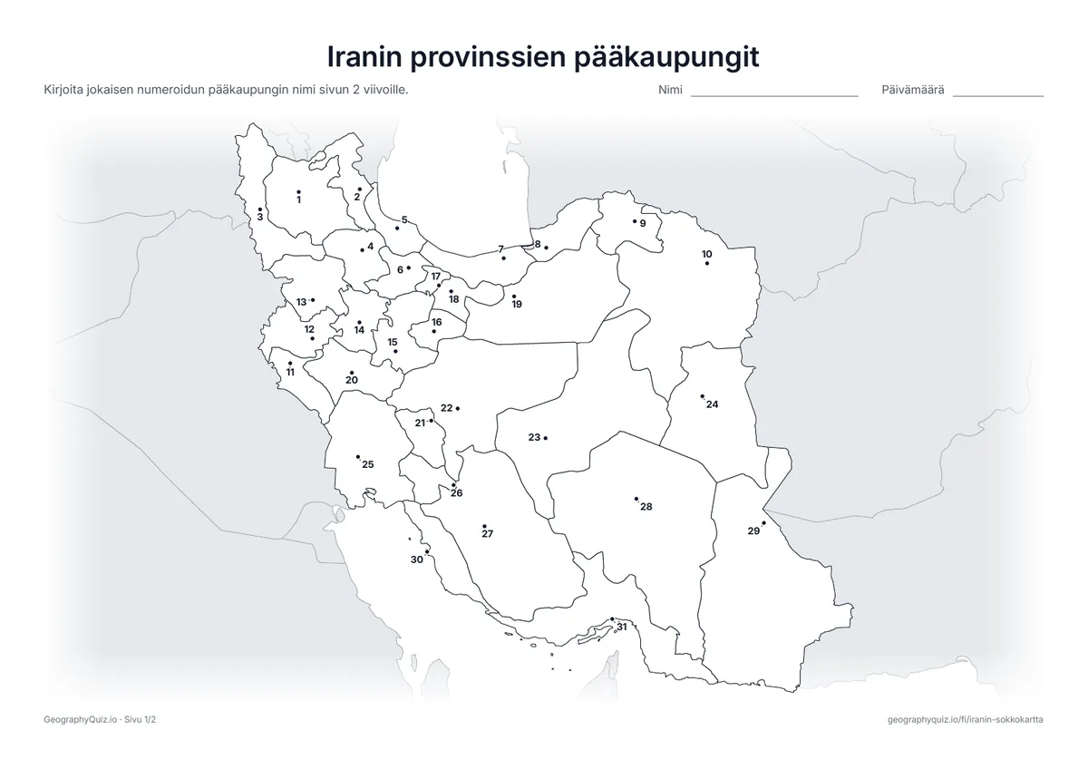 Esikatselu: tulostettava tehtävämoniste ”Iranin provinssien pääkaupungit”: Jokainen pääkaupunki on merkitty numeroidulla pisteellä