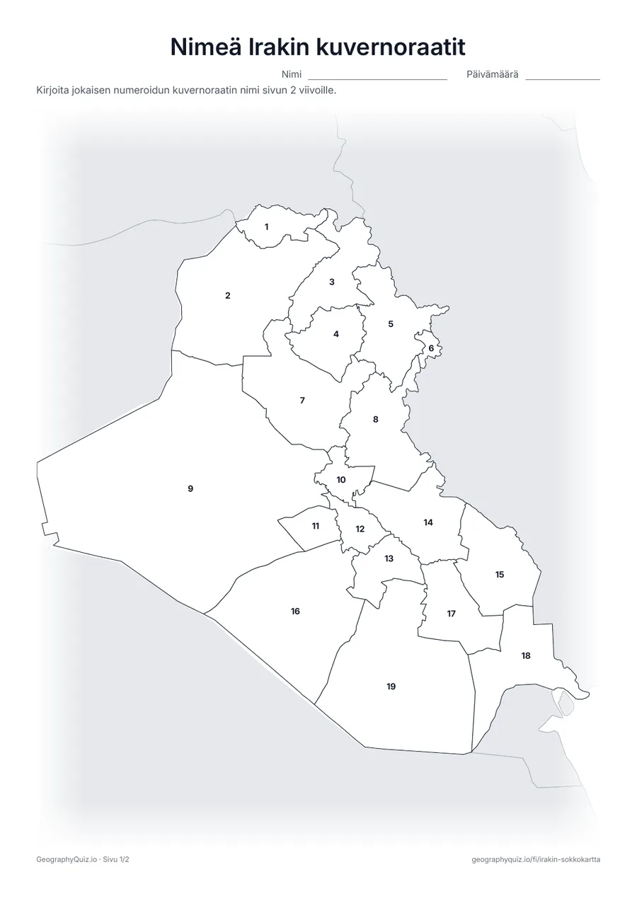 Esikatselu: tulostettava tehtävämoniste ”Nimeä Irakin kuvernoraatit”: Kaikki 19 kuvernoraattia on numeroitu