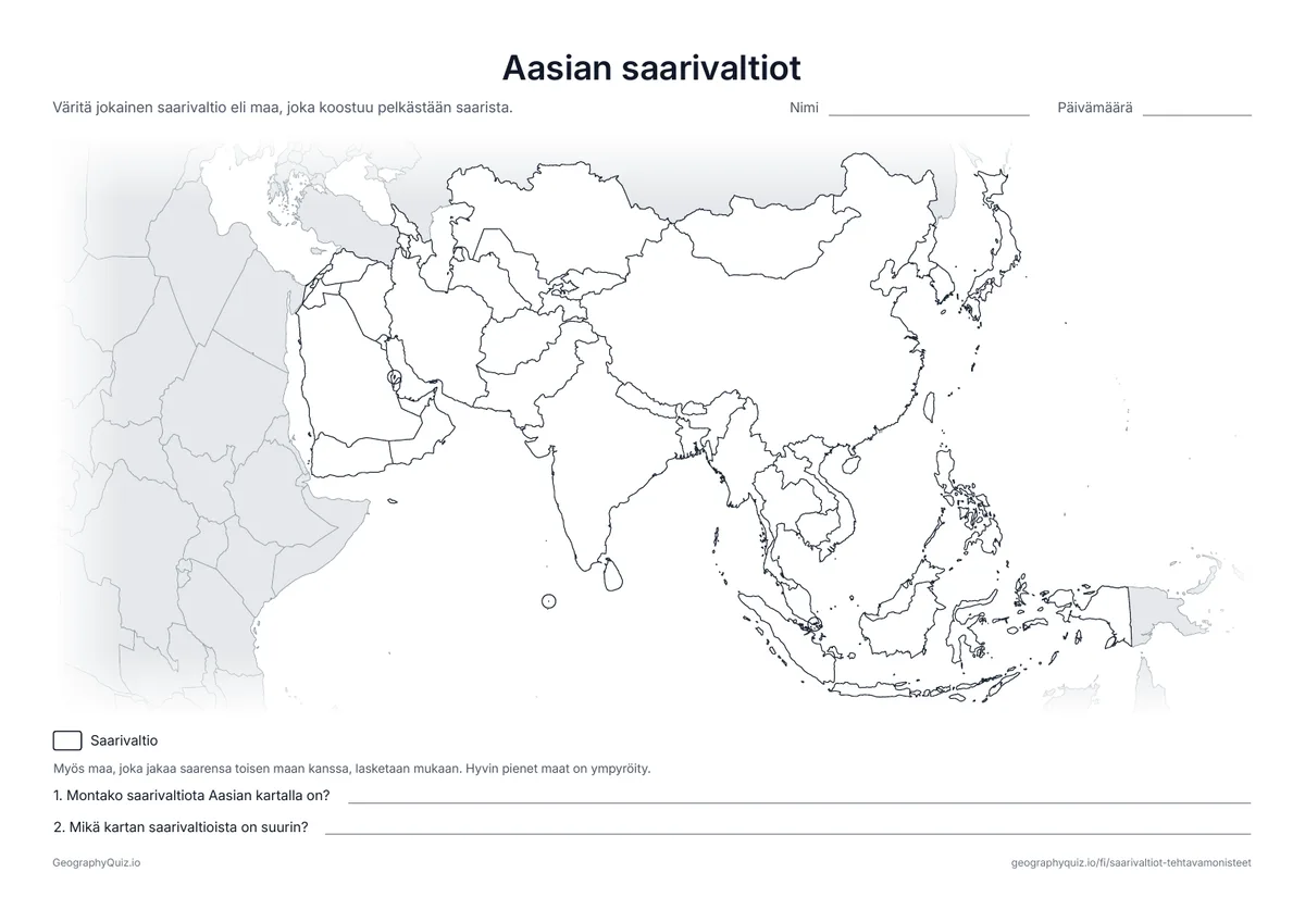 Esikatselu: tulostettava tehtävämoniste ”Aasian saarivaltiot”: Aasian sokkokartta, johon väritetään saarivaltiot Japanista Malediiveille