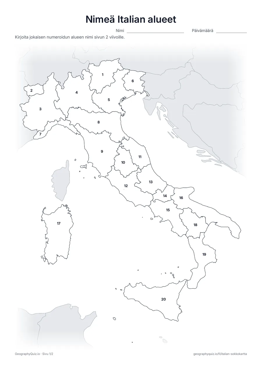 Esikatselu: tulostettava tehtävämoniste ”Nimeä Italian alueet”: Kaikki 20 aluetta on numeroitu