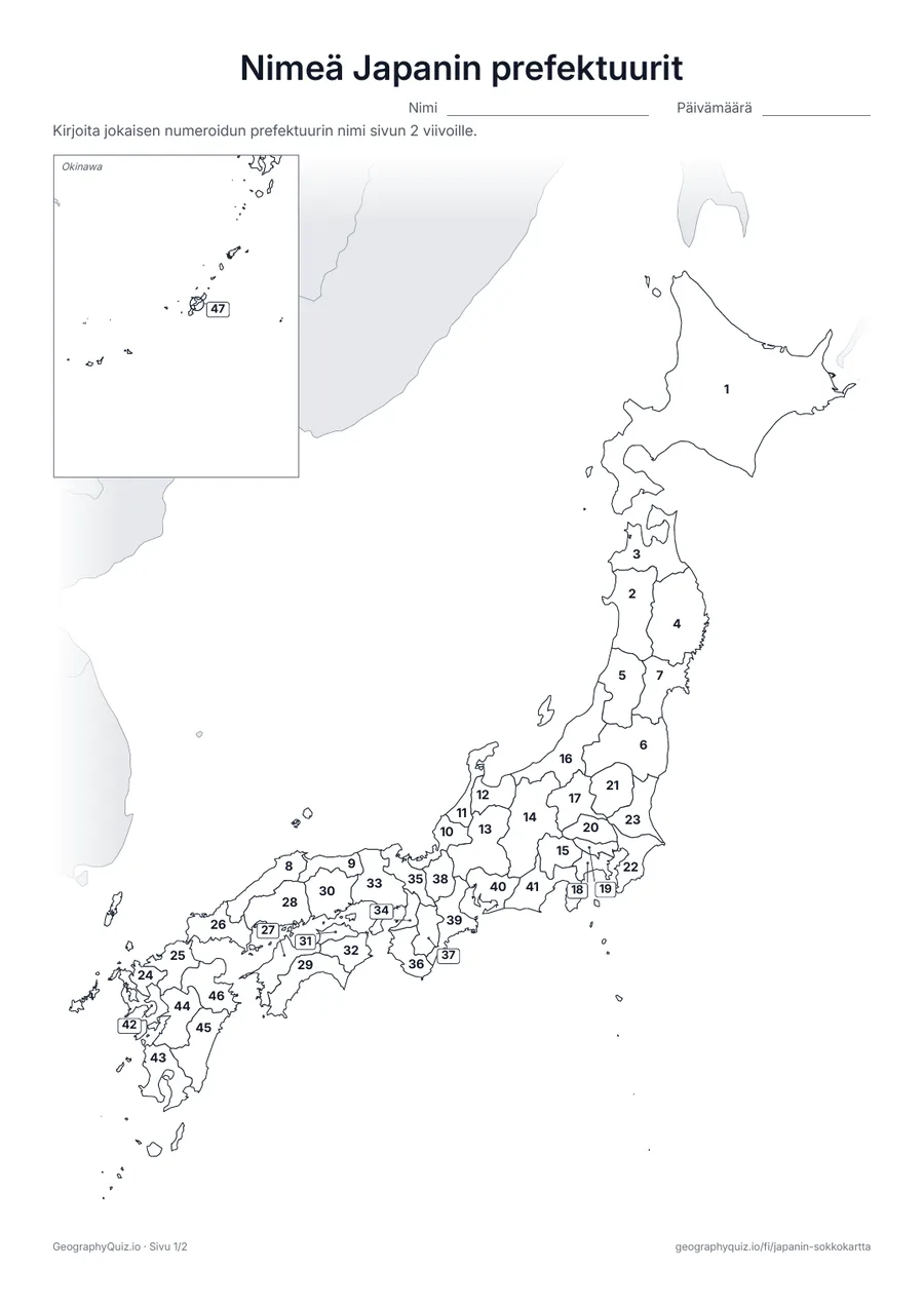 Esikatselu: tulostettava tehtävämoniste ”Nimeä Japanin prefektuurit”: Kaikki 47 prefektuuria on numeroitu