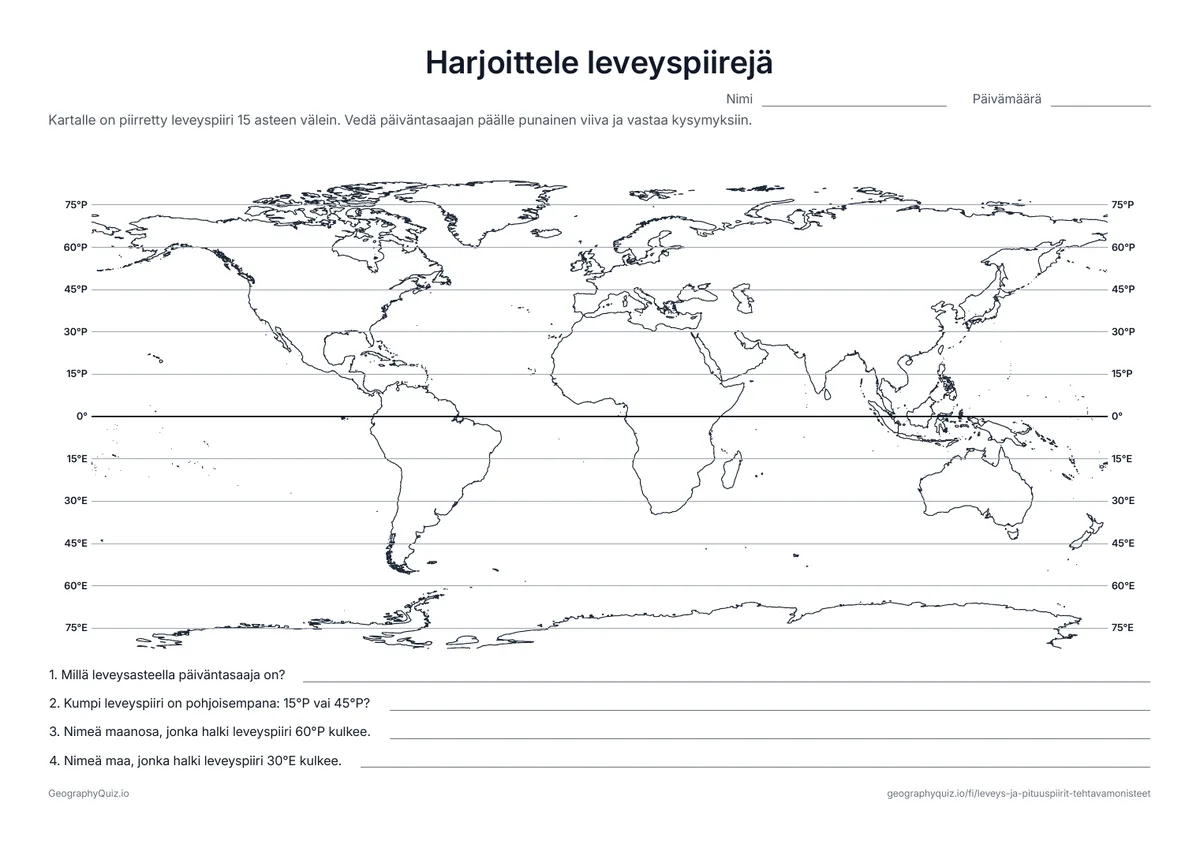 Esikatselu: tulostettava tehtävämoniste ”Harjoittele leveyspiirejä”: Maailmankartta, jossa on leveyspiiri 15 asteen välein merkittynä molempiin päihin, ja neljä kysymystä niiden lukemisesta
