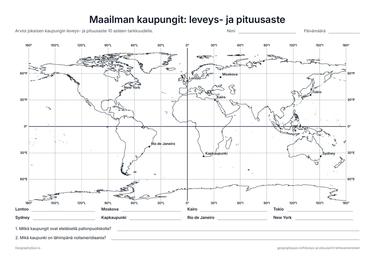 Esikatselu: tulostettava tehtävämoniste ”Maailman kaupungit: leveys- ja pituusaste”: Kahdeksan maailman kaupunkia astekoordinaatistossa, jossa viivojen väli on 30 astetta