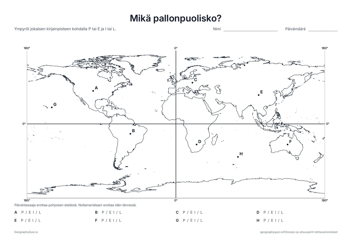 Esikatselu: tulostettava tehtävämoniste ”Mikä pallonpuolisko?”: Päiväntasaaja ja nollameridiaani jakavat kartan neljään osaan