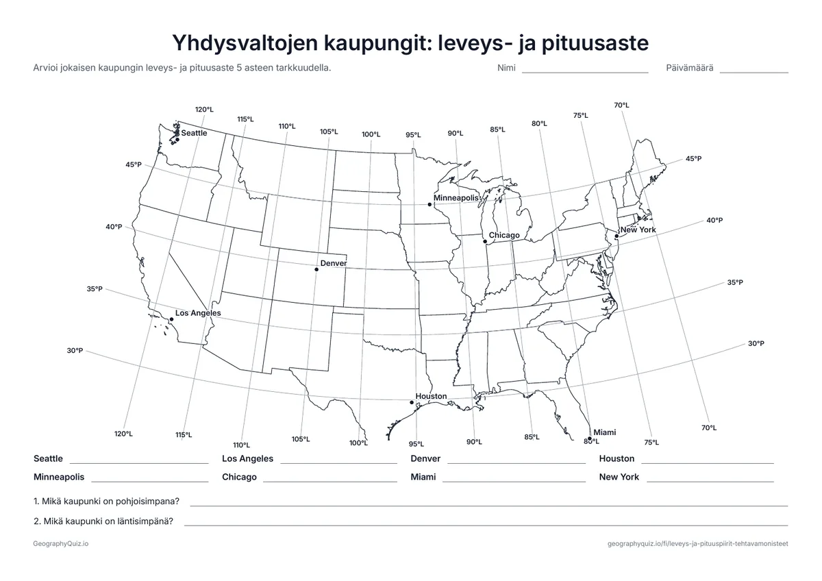 Esikatselu: tulostettava tehtävämoniste ”Yhdysvaltojen kaupungit: leveys- ja pituusaste”: Kartta 48 yhtenäisestä osavaltiosta viivoin 5 asteen välein
