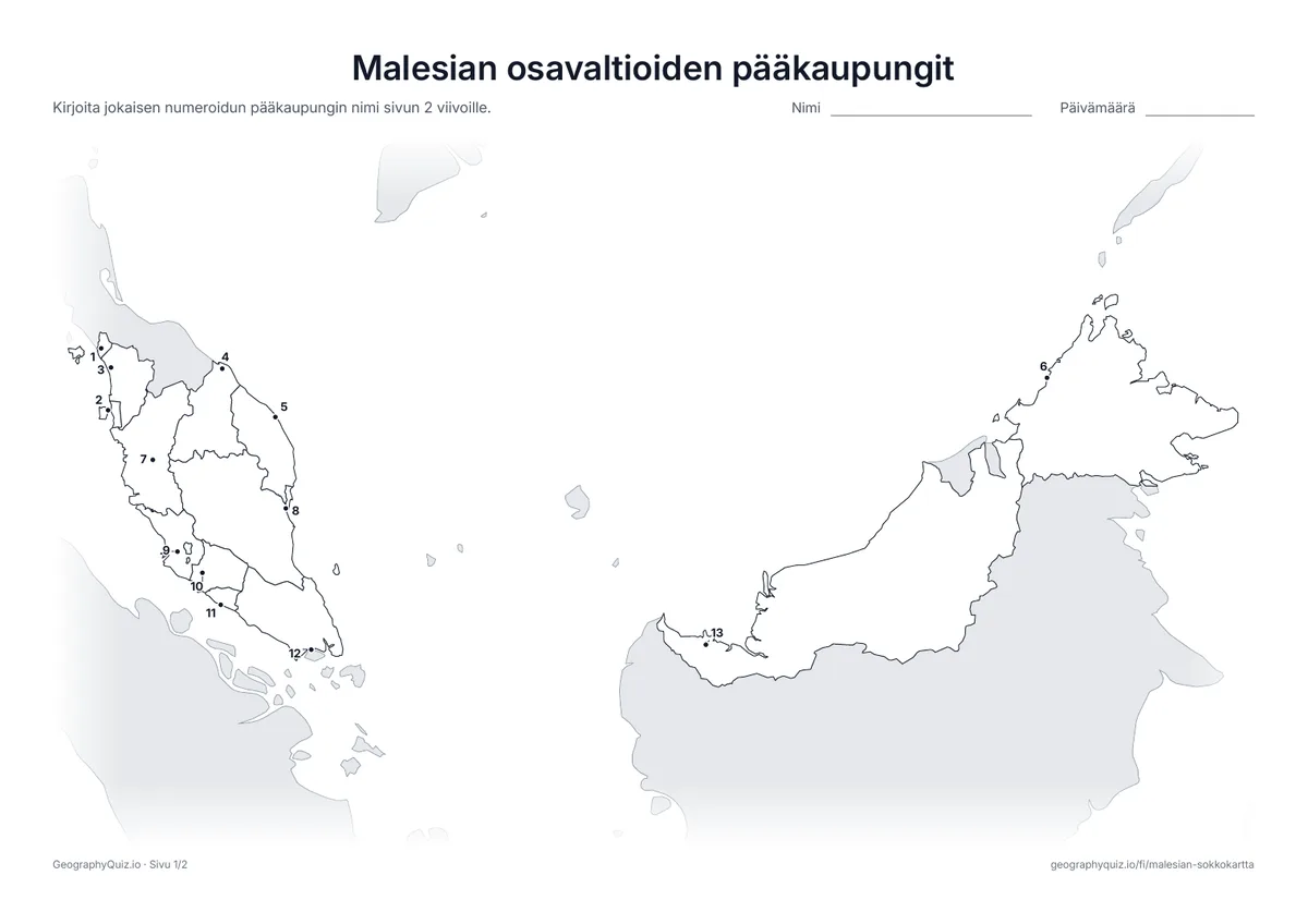 Esikatselu: tulostettava tehtävämoniste ”Malesian osavaltioiden pääkaupungit”: Jokaisen 13 osavaltion pääkaupunki on merkitty numeroidulla pisteellä