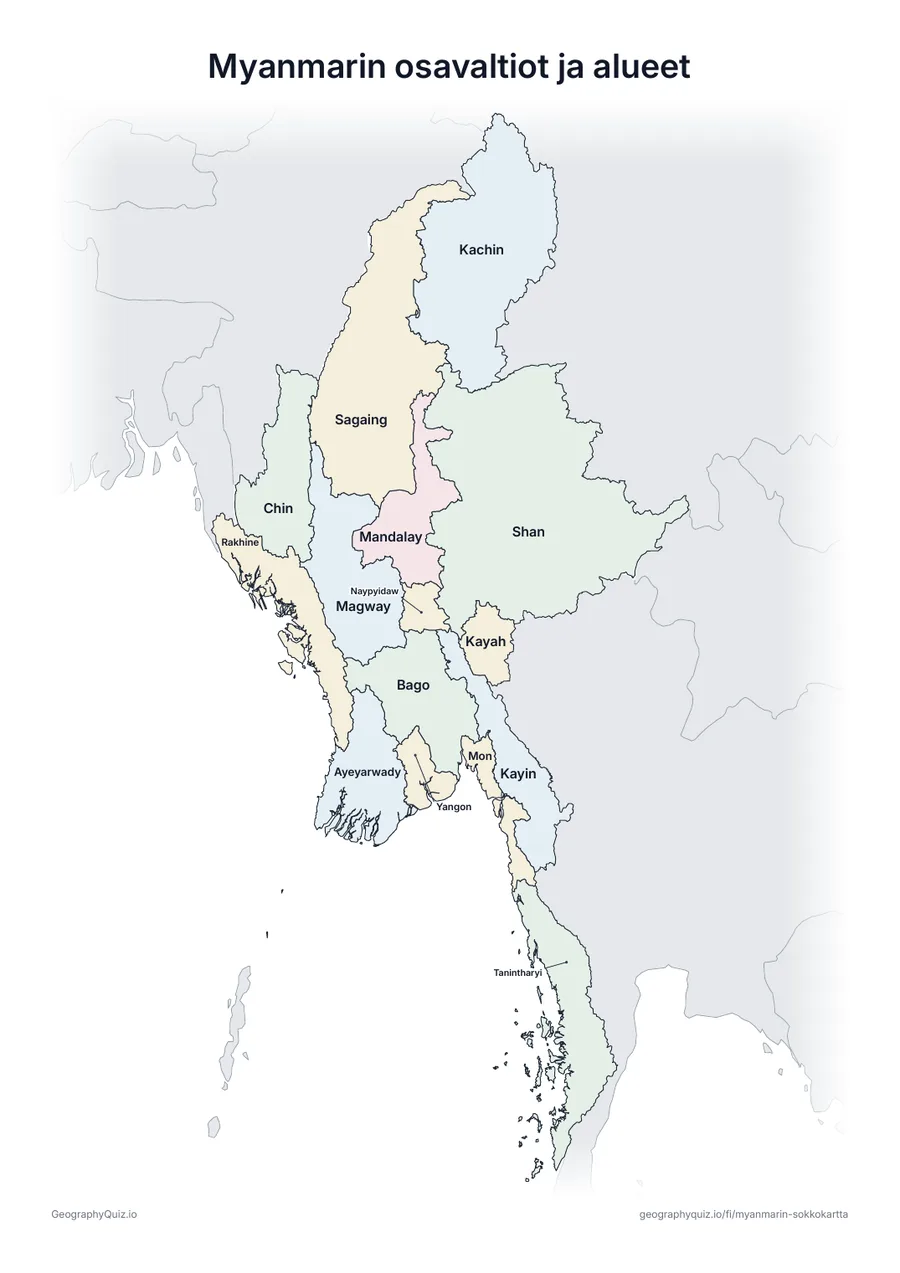 Esikatselu: tulostettava tehtävämoniste ”Myanmarin osavaltiot ja alueet”: Myanmarin kartta, johon on kirjoitettu kaikki nimet – katsauskartaksi tunnille ja kertaukseen