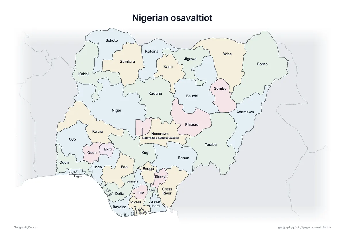 Esikatselu: tulostettava tehtävämoniste ”Nigerian osavaltiot”: Nigerian kartta, johon on kirjoitettu kaikki nimet – katsauskartaksi tunnille ja kertaukseen