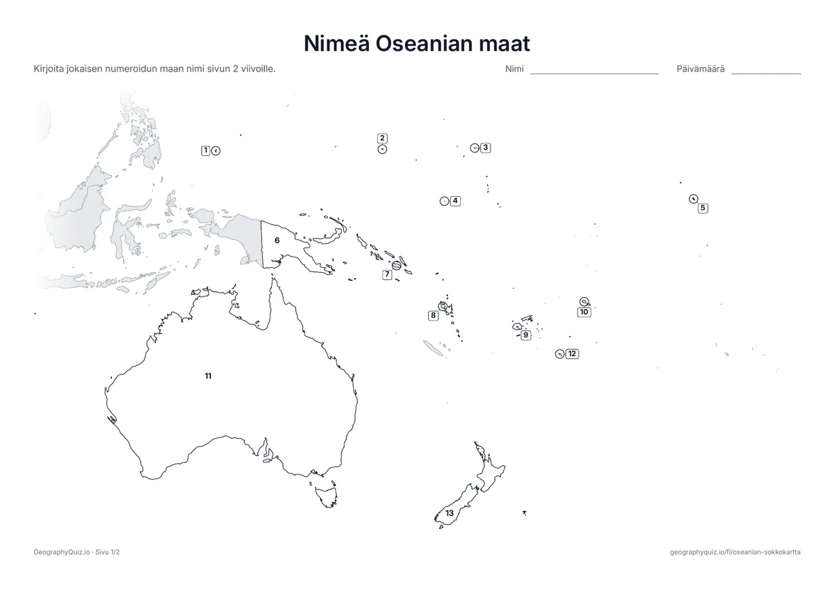 Esikatselu: tulostettava tehtävämoniste ”Nimeä Oseanian maat”: Jokaisella Oseanian maalla on numero