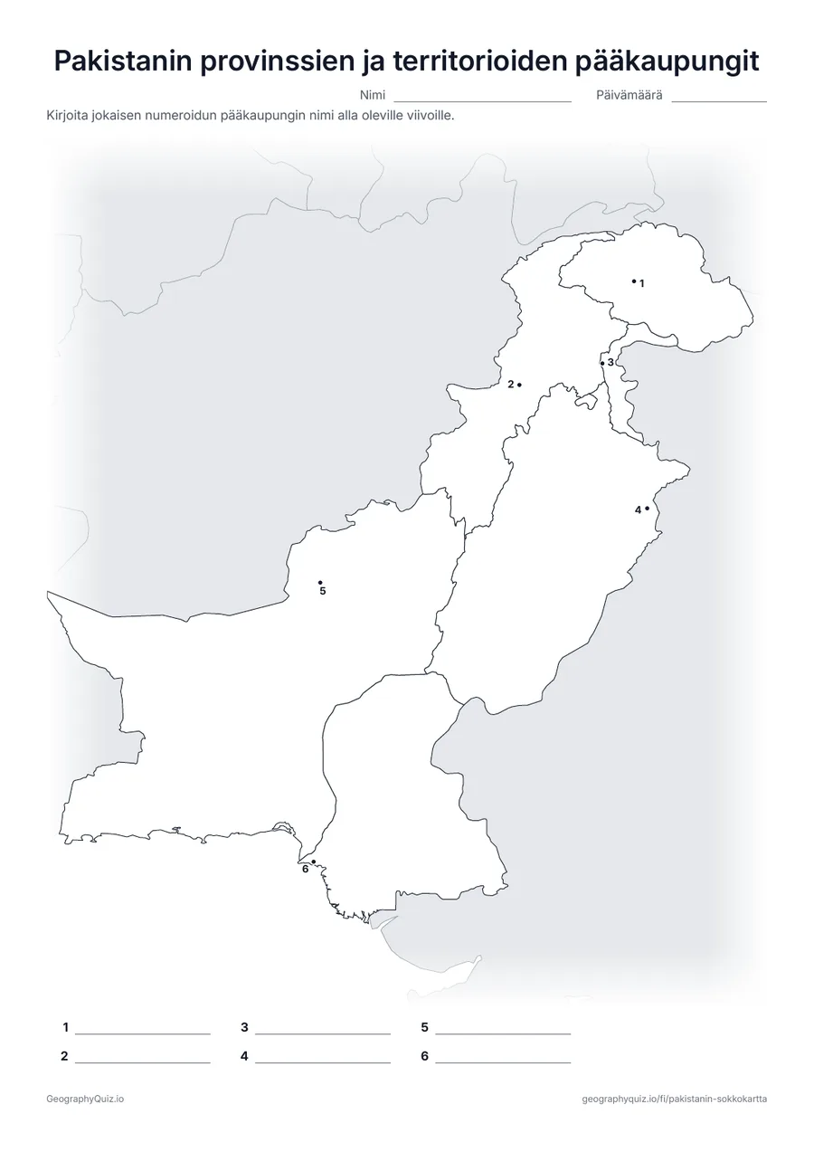 Esikatselu: tulostettava tehtävämoniste ”Pakistanin provinssien ja territorioiden pääkaupungit”: Jokaisen provinssin sekä Gilgit-Baltistanin ja Azad Jammun ja Kashmirin pääkaupunki on merkitty numeroidulla pisteellä