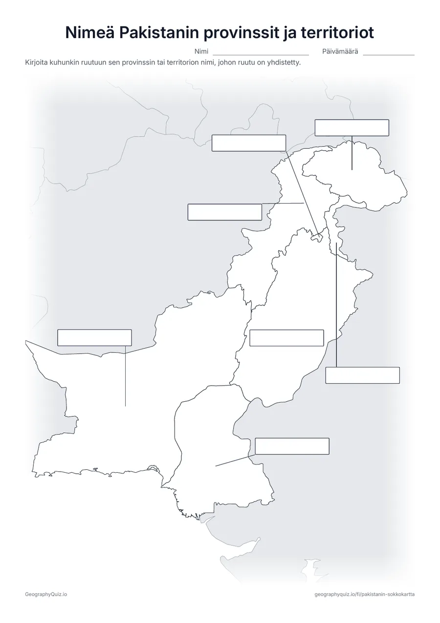Esikatselu: tulostettava tehtävämoniste ”Nimeä Pakistanin provinssit ja territoriot”: Kaikki 4 provinssia ja 3 territoriota on yhdistetty viivalla kukin omaan tyhjään vastausruutuunsa, kuten maailmankarttojen monisteessa ”Nimeä maanosat”