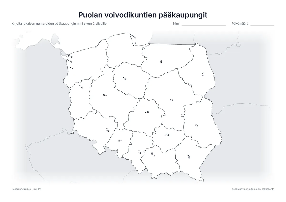 Esikatselu: tulostettava tehtävämoniste ”Puolan voivodikuntien pääkaupungit”: Jokaisen voivodikunnan pääkaupunki on merkitty numeroidulla pisteellä
