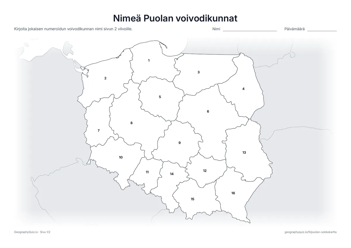 Esikatselu: tulostettava tehtävämoniste ”Nimeä Puolan voivodikunnat”: Kaikki 16 voivodikuntaa on numeroitu