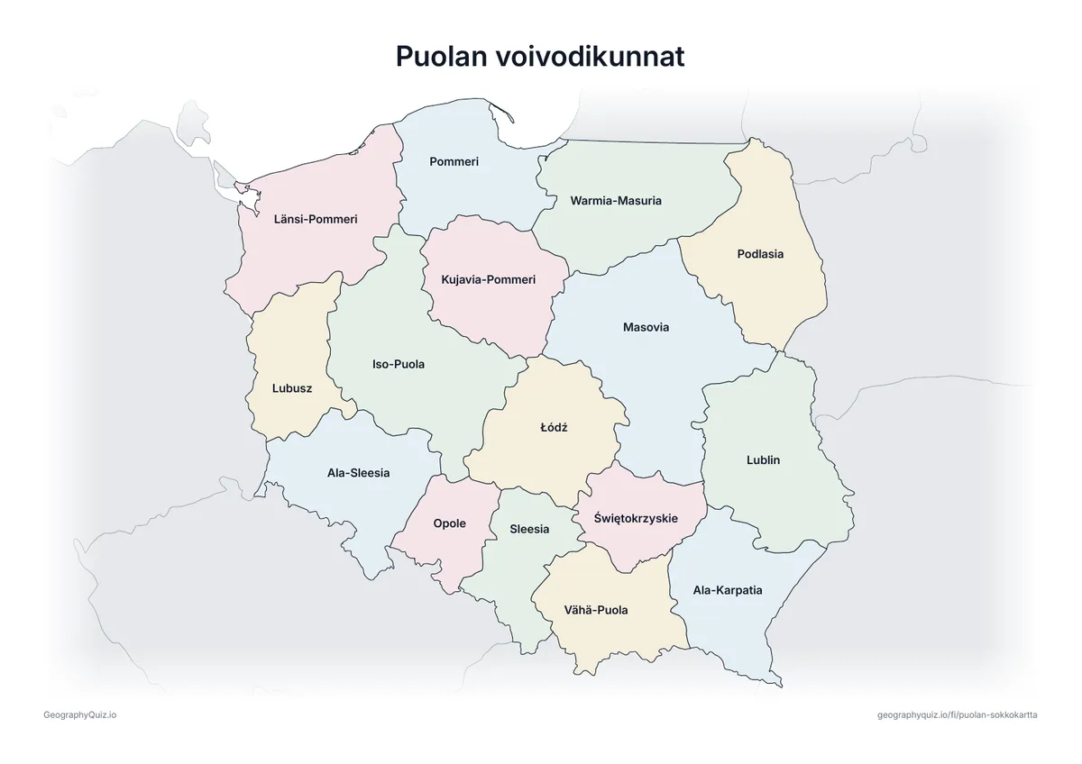 Esikatselu: tulostettava tehtävämoniste ”Puolan voivodikunnat”: Puolan kartta, johon on kirjoitettu kaikki nimet – katsauskartaksi tunnille ja kertaukseen