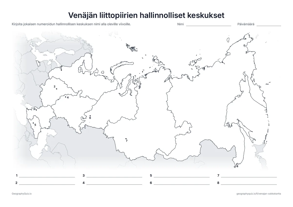 Esikatselu: tulostettava tehtävämoniste ”Venäjän liittopiirien hallinnolliset keskukset”: Jokaisen liittopiirin hallinnollinen keskus on merkitty numeroidulla pisteellä Pietarista Vladivostokiin