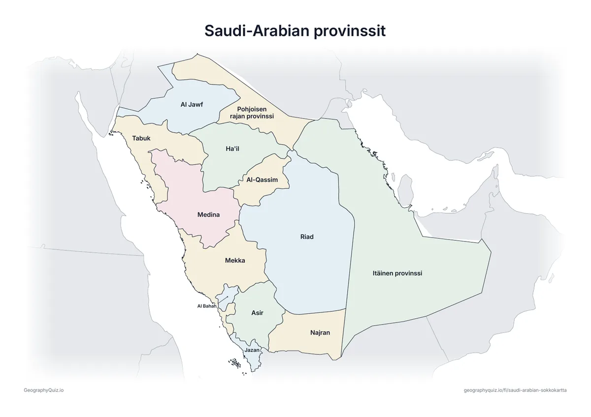 Esikatselu: tulostettava tehtävämoniste ”Saudi-Arabian provinssit”: Saudi-Arabian kartta, johon on kirjoitettu kaikki nimet – katsauskartaksi tunnille ja kertaukseen