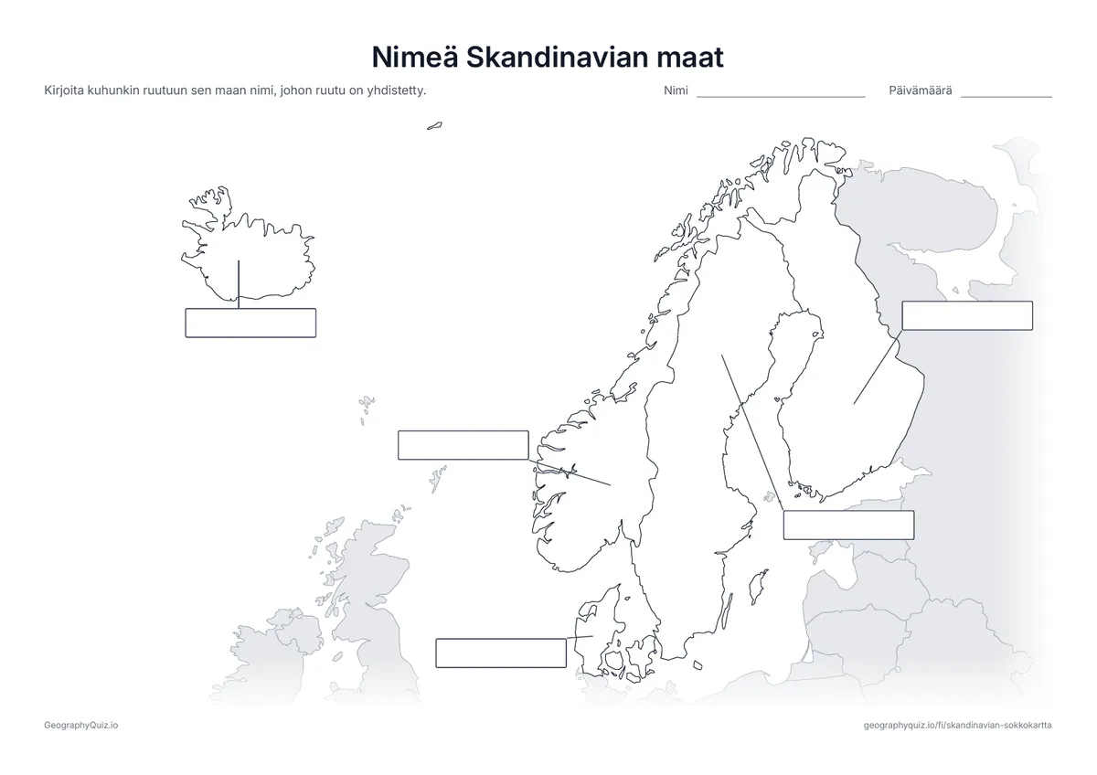 Esikatselu: tulostettava tehtävämoniste ”Nimeä Skandinavian maat”: Kaikki 5 maata on yhdistetty viivalla kukin omaan tyhjään vastausruutuunsa, kuten maailmankarttojen monisteessa ”Nimeä maanosat”
