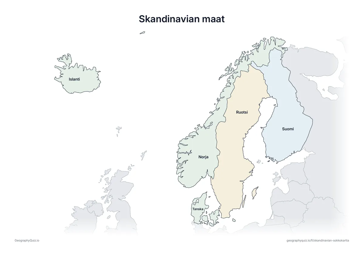 Esikatselu: tulostettava tehtävämoniste ”Skandinavian maat”: Sama kartta, jossa on kaikkien 5 maan nimet – opetukseen ja kertaukseen