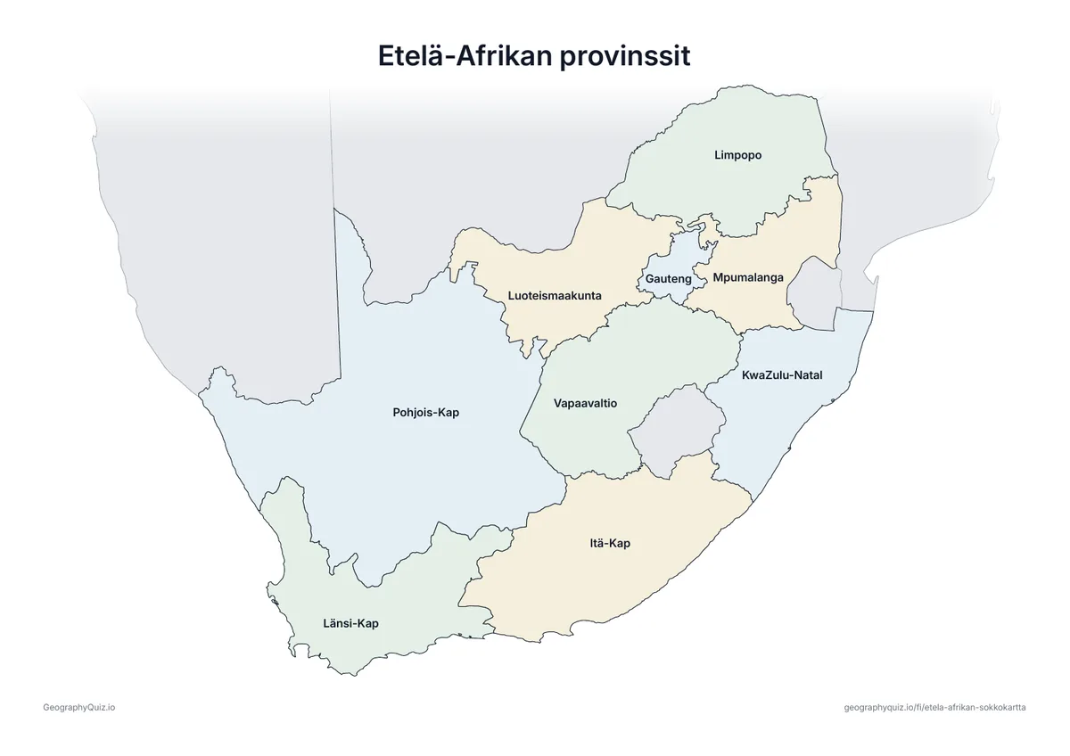 Esikatselu: tulostettava tehtävämoniste ”Etelä-Afrikan provinssit”: Etelä-Afrikan kartta, johon on kirjoitettu kaikki nimet – katsauskartaksi tunnille ja kertaukseen