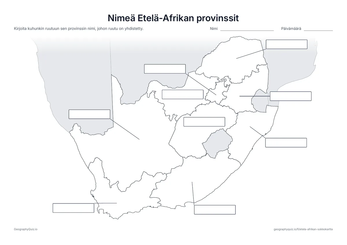 Esikatselu: tulostettava tehtävämoniste ”Nimeä Etelä-Afrikan provinssit”: Kaikki 9 provinssia on yhdistetty viivalla kukin omaan tyhjään vastausruutuunsa, kuten maailmankarttojen monisteessa ”Nimeä maanosat”