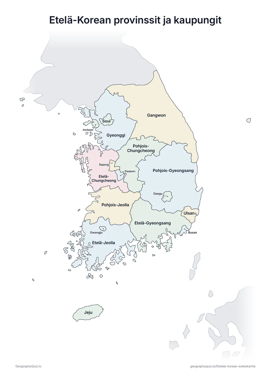Esikatselu: tulostettava tehtävämoniste ”Etelä-Korean provinssit ja kaupungit”: Etelä-Korean kartta, johon on kirjoitettu kaikki nimet – katsauskartaksi tunnille ja kertaukseen