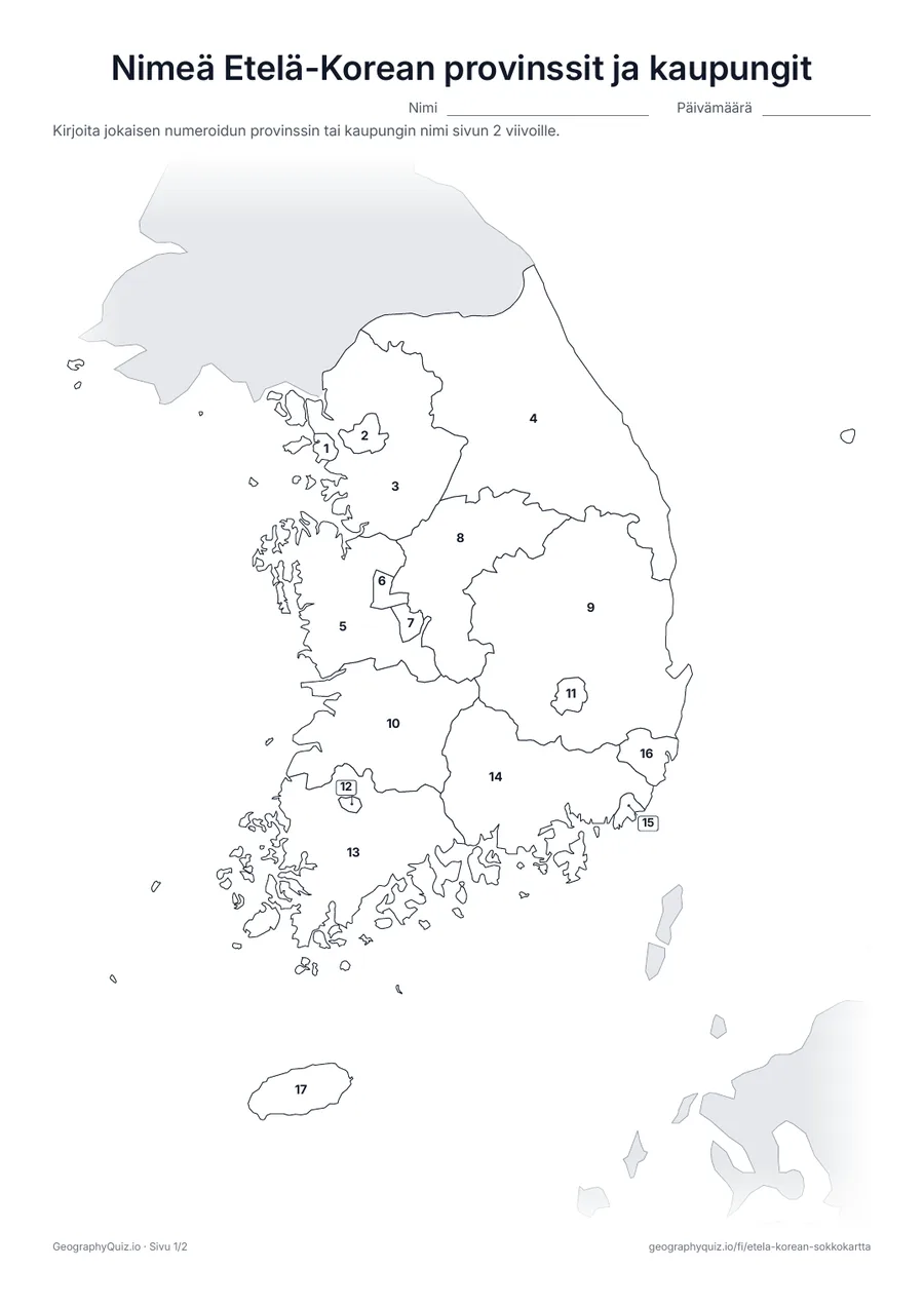 Esikatselu: tulostettava tehtävämoniste ”Nimeä Etelä-Korean provinssit ja kaupungit”: Kaikki 9 provinssia ja 8 kaupunkia on numeroitu