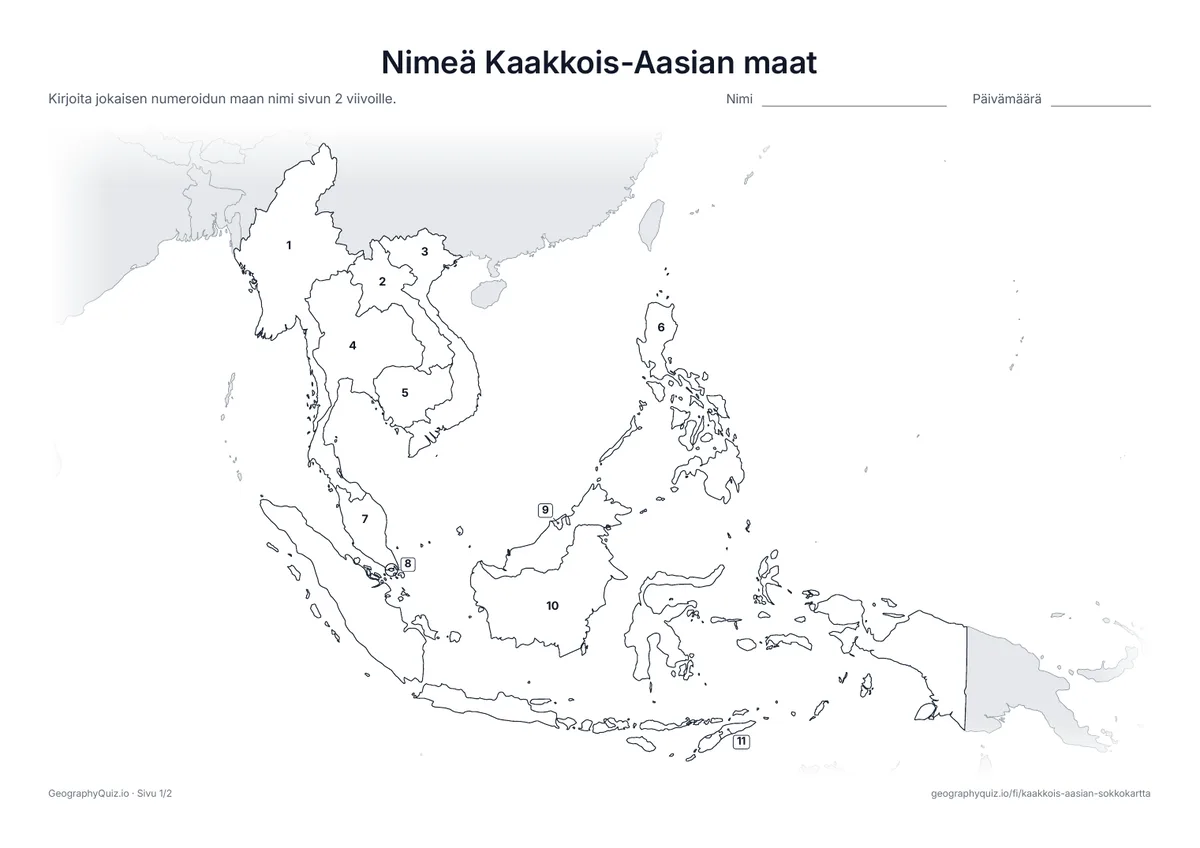 Esikatselu: tulostettava tehtävämoniste ”Nimeä Kaakkois-Aasian maat”: Kaikki 11 maata on numeroitu