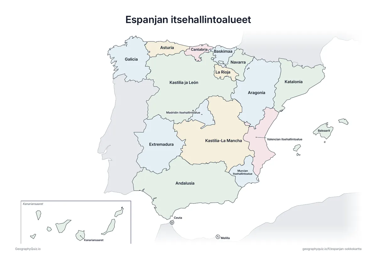 Esikatselu: tulostettava tehtävämoniste ”Espanjan itsehallintoalueet”: Espanjan kartta, johon on kirjoitettu kaikki nimet – katsauskartaksi tunnille ja kertaukseen
