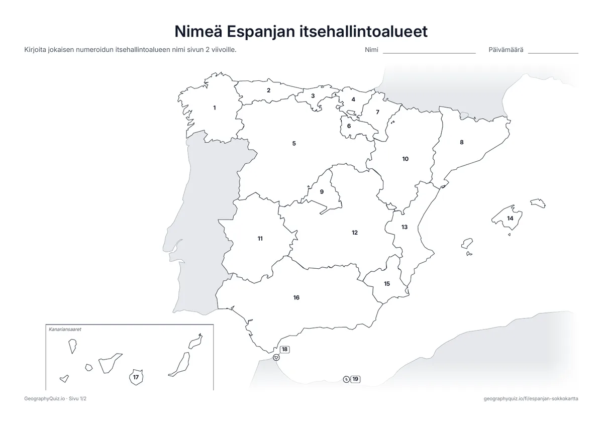 Esikatselu: tulostettava tehtävämoniste ”Nimeä Espanjan itsehallintoalueet”: Kaikki 17 itsehallintoaluetta ja 2 autonomista kaupunkia on numeroitu