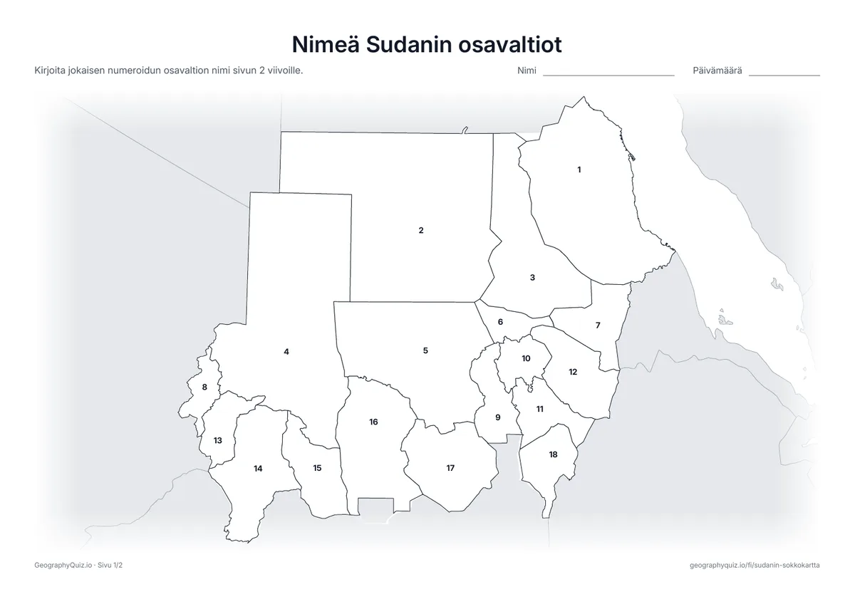 Esikatselu: tulostettava tehtävämoniste ”Nimeä Sudanin osavaltiot”: Kaikki 18 osavaltiota on numeroitu